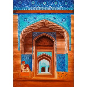 S. A. Noory, Shah Jahan Mosque - Thatta, 24 x 36 Inch, Acrylic on Canvas, Cityscape Painting, AC-SAN-121